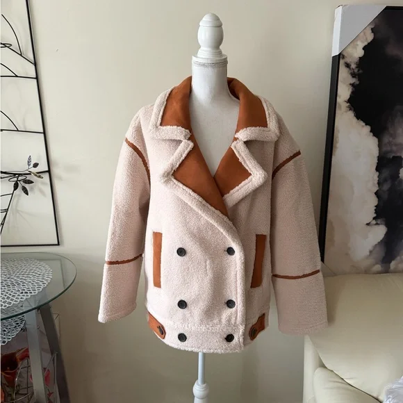 Blank NYC Pick Me Cream & Brown Faux Fur Sherpa Teddy Jacket Coat Sz Medium NWT - Picture 10 of 15